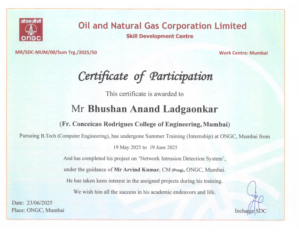 ONGC Internship Completion Certificate